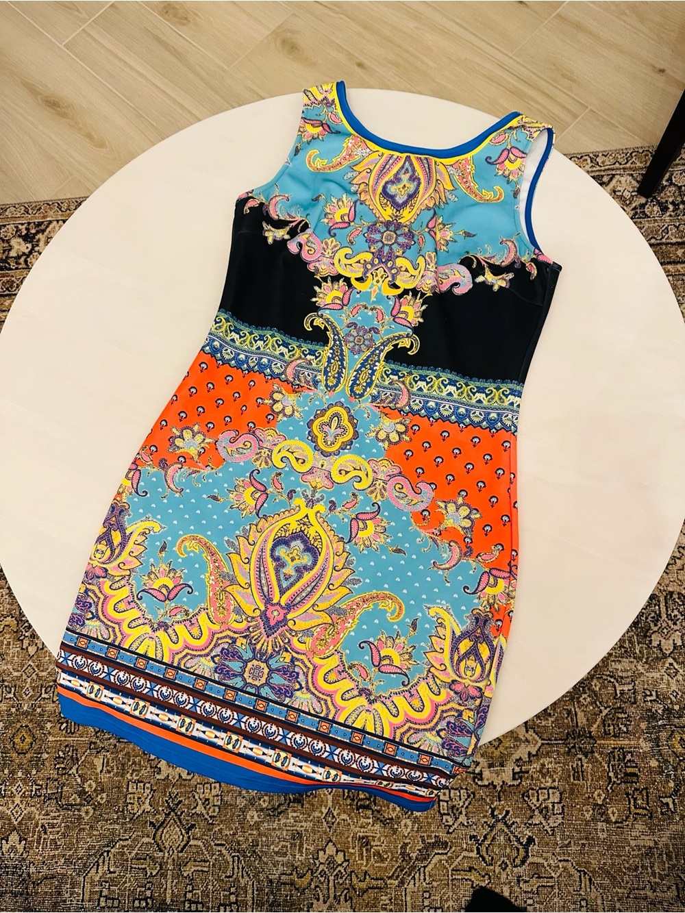 Vibrant Paisley Sheath Dress - Turquoise & Orange accents ⚜️